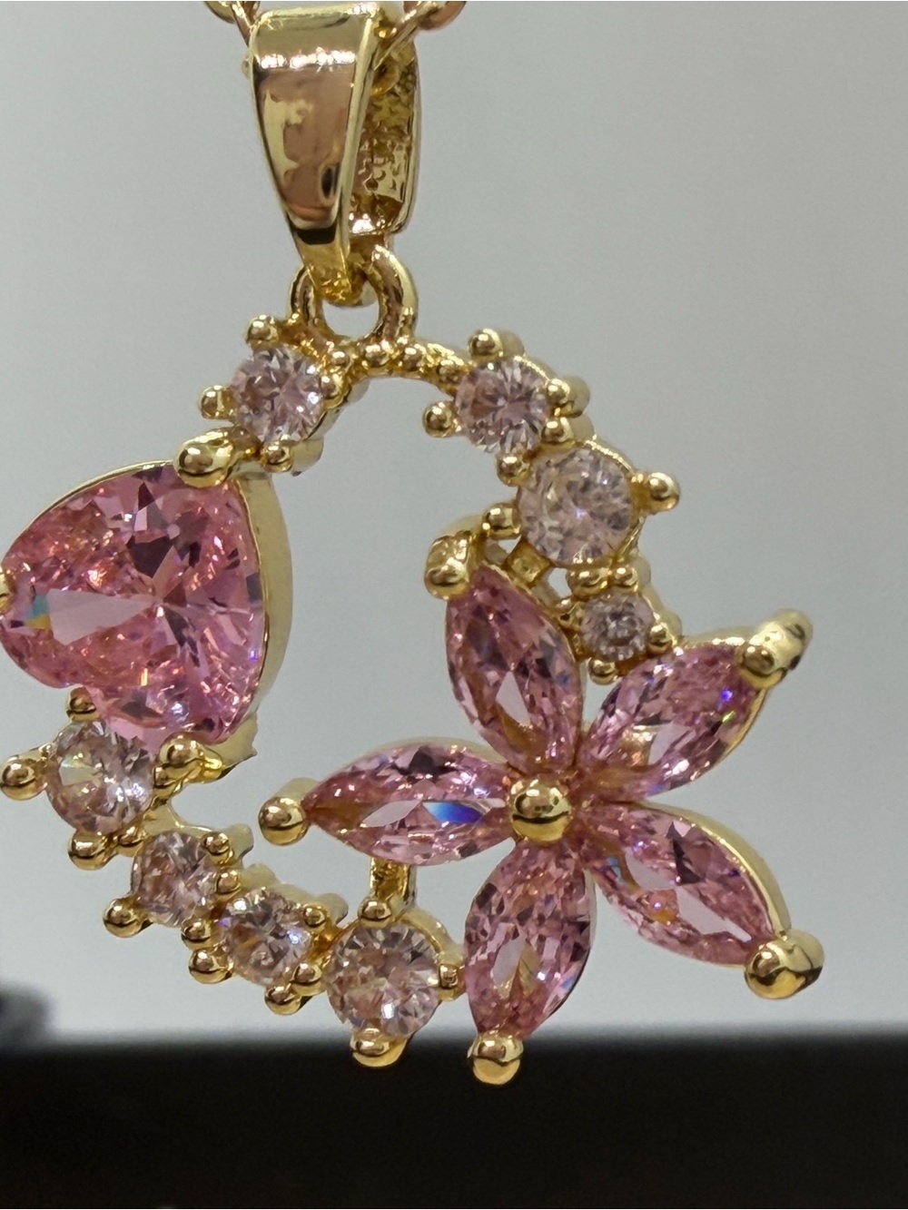 Gold-Tone Pink Crystal Floral Circle Pendant Necklace
